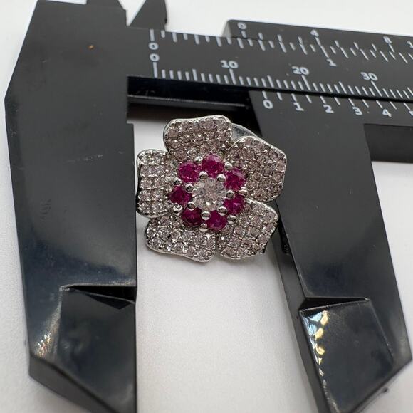 Sterling Silver Magenta Floral Stud Earrings - Rhodium Plated Cluster - Picture 6 of 7